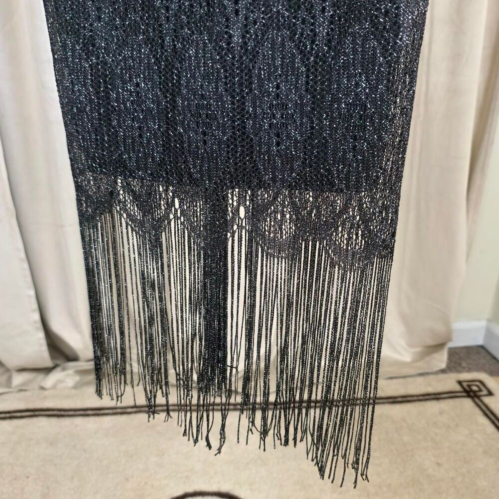 Vintage Onyx Nite Black Silver Metallic Lace Dress with Fringe Hem - Picture 7 of 8